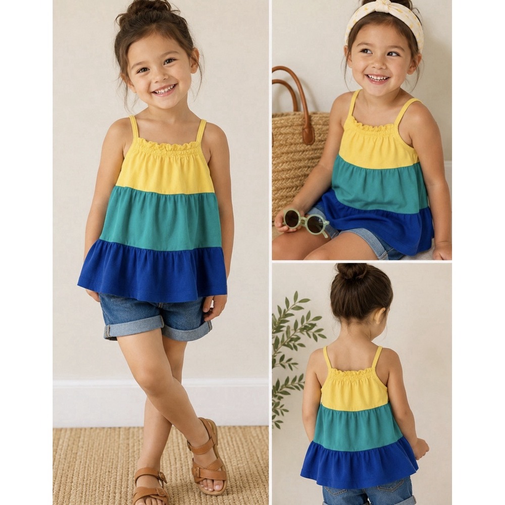 Hanna Andersson Colorblock Tiered Tank Top Girls Size 3 Yellow Blue Green Summer